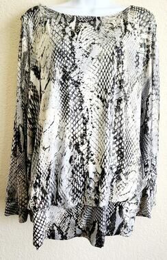 S Levine Black Gray Animal Print Sequin & Rhinestone Top 3X Plus Cold Shoulder